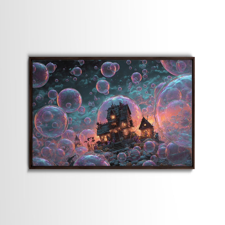 The Halloween Bubble Village, Synthwave Halloween Art, Landscape Wall Art, Framed Canvas Print, Retro Halloween Decor, Neon Wall Art