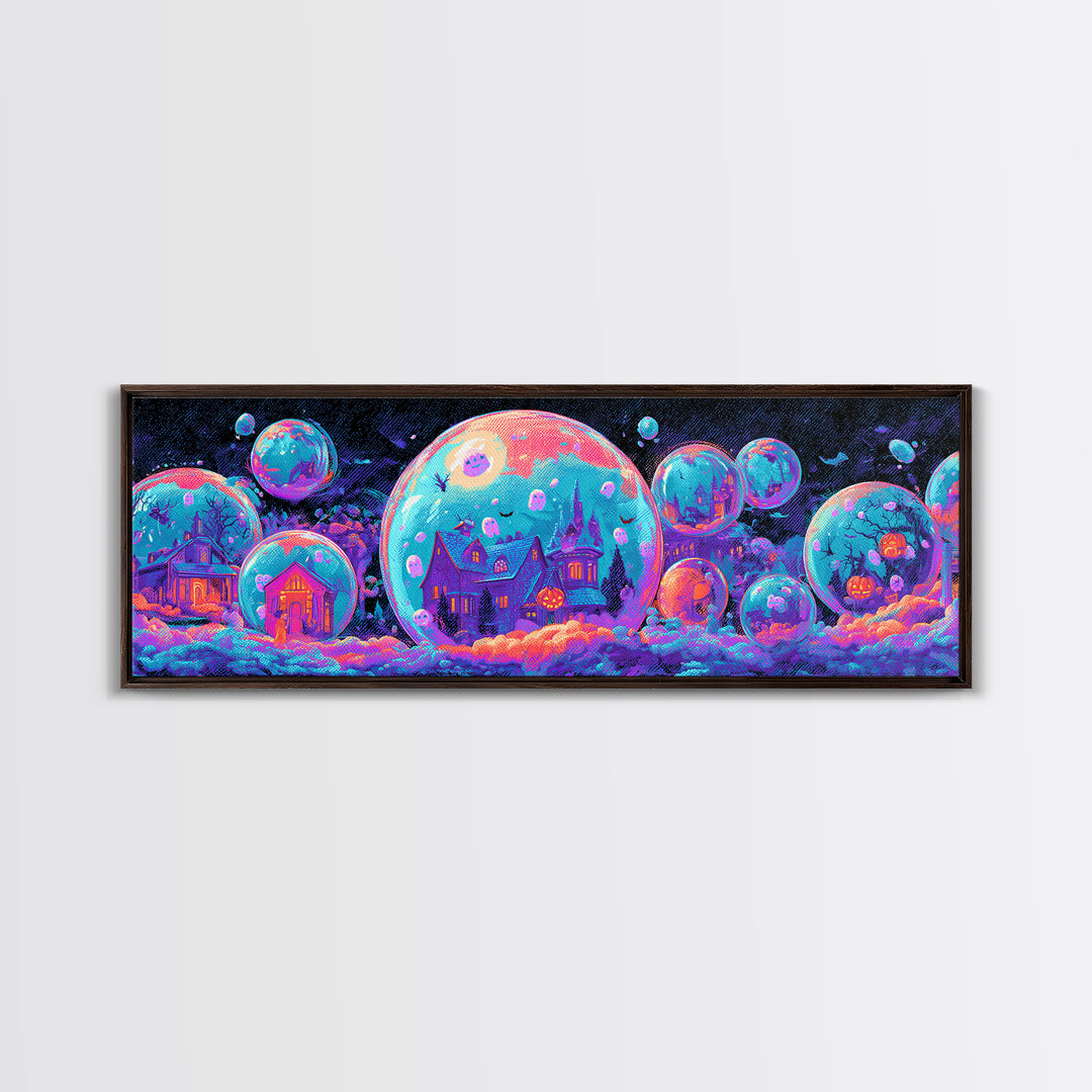 The Halloween Bubble Village, Cute Spooky Neon Art, Extra Wide Wall Art, Canvas Print, Retro Halloween Decor, Neon Wall Art