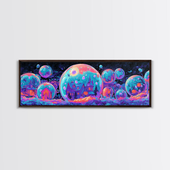 The Halloween Bubble Village, Cute Spooky Neon Art, Extra Wide Wall Art, Canvas Print, Retro Halloween Decor, Neon Wall Art