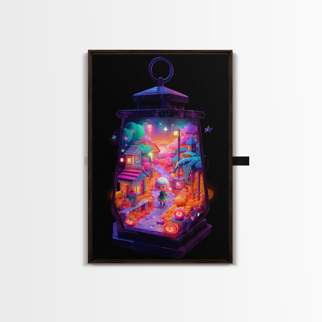 The World Inside A Lantern, Cute Spooky Neon Art, Vertical Wall Art, Canvas Print, Retro Halloween Decor, Neon Wall Art, Macabre Wall Art