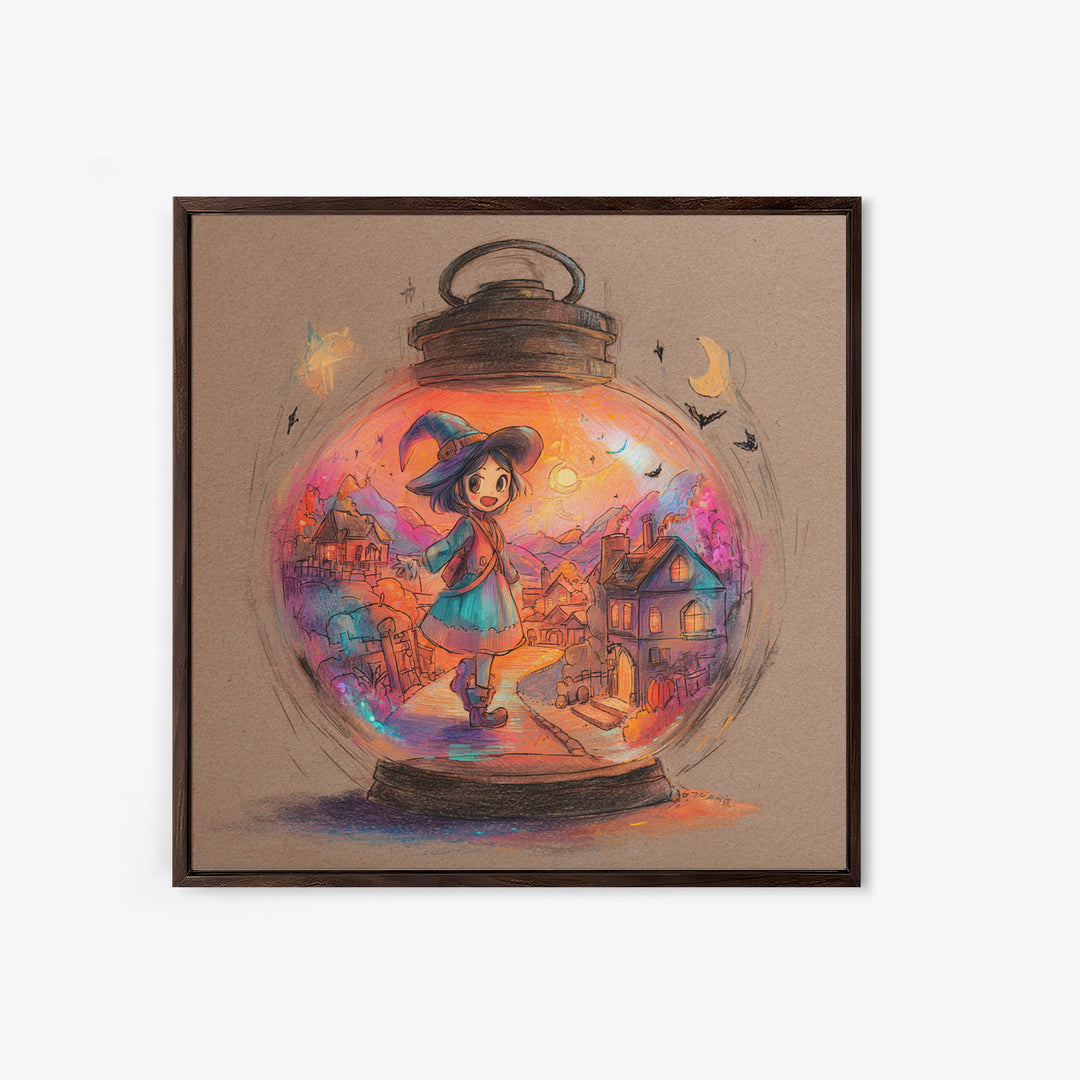 The World Inside A Lantern, Cute Spooky Neon Art, Square Wall Art, Framed Canvas Print, Retro Halloween Decor, Neon Wall Art