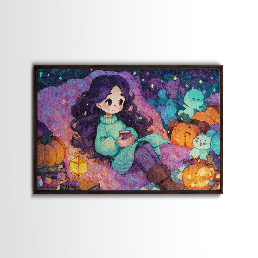 The Festival Of Friendly Frights, Cute Spooky Neon Art, Landscape Wall Art, Canvas Print, Retro Halloween Decor, Neon Wall Art