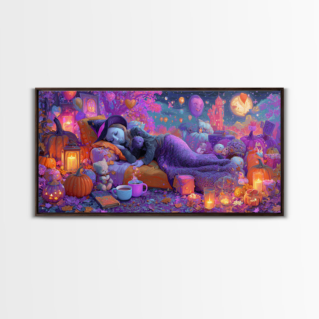 The Festival Of Friendly Frights, 80s Halloween Wall Art, Wide Panoramic Art, Framed Canvas Print, Retro Halloween Decor, Neon Wall Art