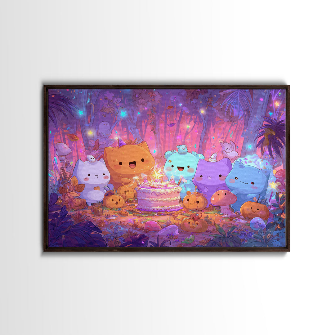 October'S Birthday Party, Cute Spooky Neon Art, Landscape Wall Art, Framed Canvas Print, Retro Halloween Decor, Neon Wall Art