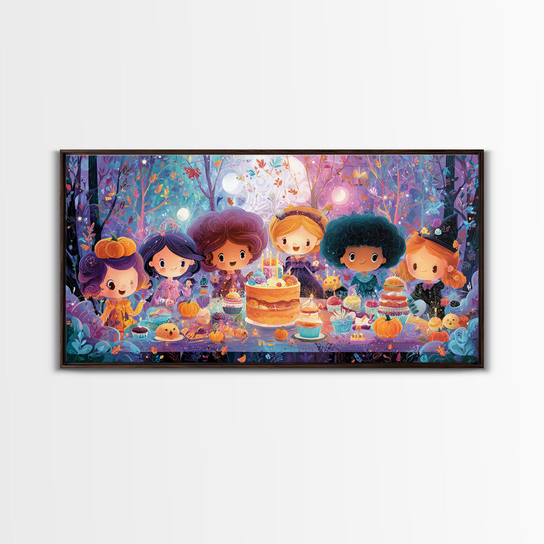 October'S Birthday Party, Vaporwave Halloween Decor, Wide Panoramic Art, Framed Canvas Print, Retro Halloween Decor, Neon Wall Art