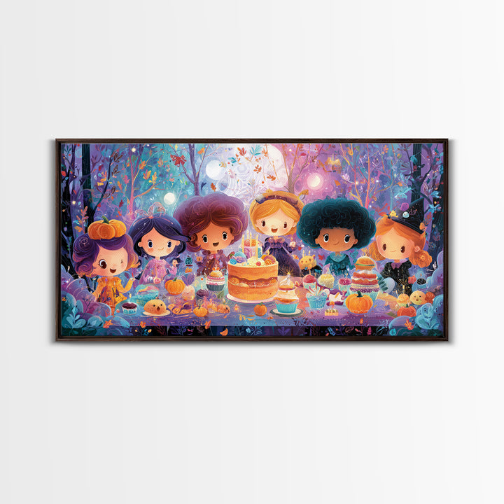 October'S Birthday Party, Vaporwave Halloween Decor, Wide Panoramic Art, Framed Canvas Print, Retro Halloween Decor, Neon Wall Art