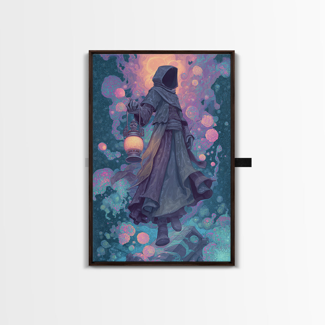 The Lantern-Bearer Of R’Lyeh, Retro Neon Halloween Art, Vertical Wall Art, Canvas Print, Retro Halloween Decor, Neon Wall Art
