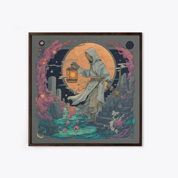 The Lantern-Bearer Of R’Lyeh, Vaporwave Halloween Decor, Square Wall Art, Framed Canvas Print, Retro Halloween Decor, Neon Wall Art