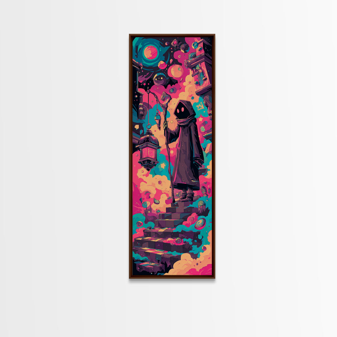 The Lantern-Bearer Of R’Lyeh, Retro Neon Halloween Art, Tall Narrow Wall Art, Canvas Print, Retro Halloween Decor, Neon Wall Art