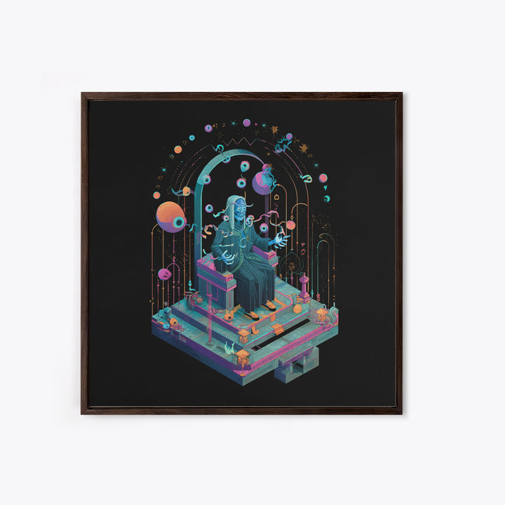 The Dreaming Priest Of The Outer Gate, Cosmic Synthwave Horror, Square Wall Art, Framed Canvas Print, Retro Halloween Decor, Neon Wall Art