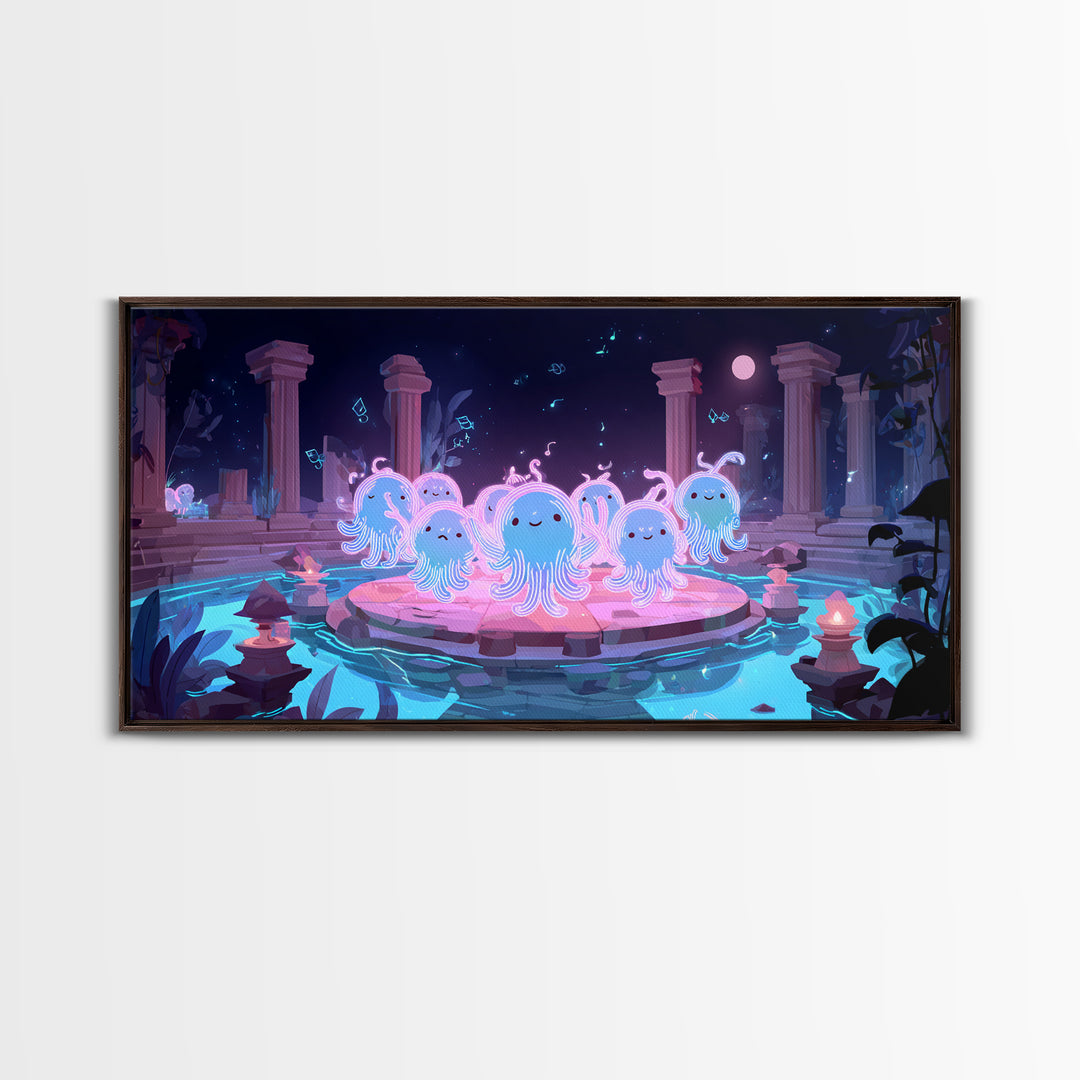 The Choir Of Deepwater Acolytes, Cute Spooky Neon Art, Wide Panoramic Art, Canvas Print, Retro Halloween Decor, Neon Wall Art