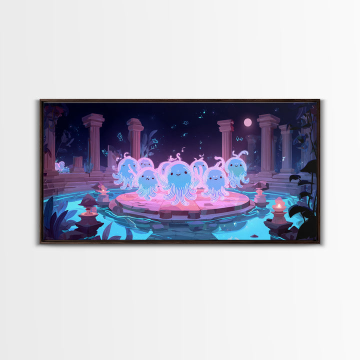 The Choir Of Deepwater Acolytes, Cute Spooky Neon Art, Wide Panoramic Art, Canvas Print, Retro Halloween Decor, Neon Wall Art