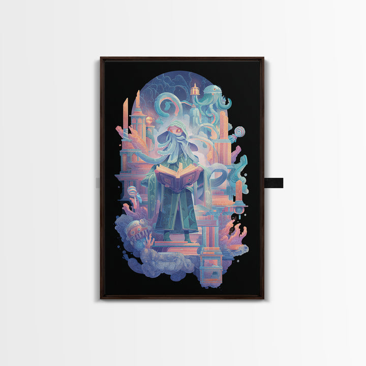 The Librarian Of Forbidden Tides, Retro Neon Halloween Art, Vertical Wall Art, Framed Canvas Print, Retro Halloween Decor, Neon Wall Art