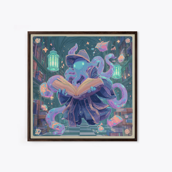 The Librarian Of Forbidden Tides, Cute Spooky Neon Art, Square Wall Art, Canvas Print, Retro Halloween Decor, Neon Wall Art