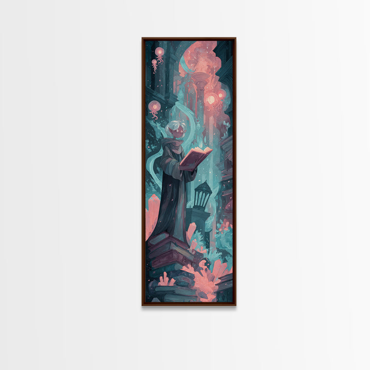 The Librarian Of Forbidden Tides, Cosmic Synthwave Horror, Tall Narrow Wall Art, Canvas Print, Retro Halloween Decor, Neon Wall Art