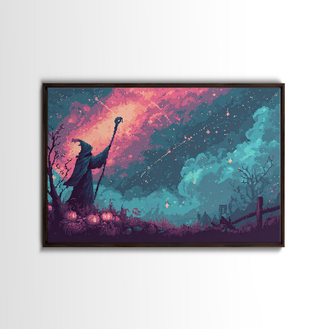 The Star-Seer Of Black Dunwich, Cute Spooky Neon Art, Landscape Wall Art, Framed Canvas Print, Retro Halloween Decor, Neon Wall Art