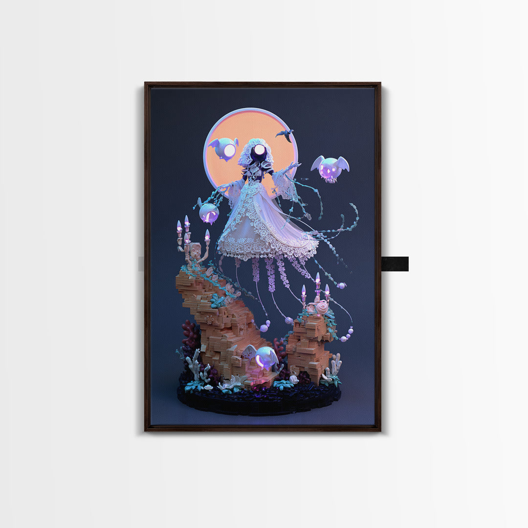 The Bride Of The Abyssal Moon, Cute Eldritch Neon Art, Vertical Wall Art, Framed Canvas Print, Retro Halloween Decor, Neon Wall Art