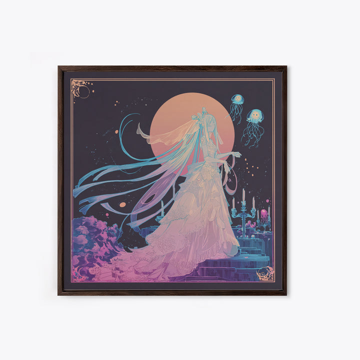 The Bride Of The Abyssal Moon, Cute Eldritch Neon Art, Square Wall Art, Framed Canvas Print, Retro Halloween Decor, Neon Wall Art
