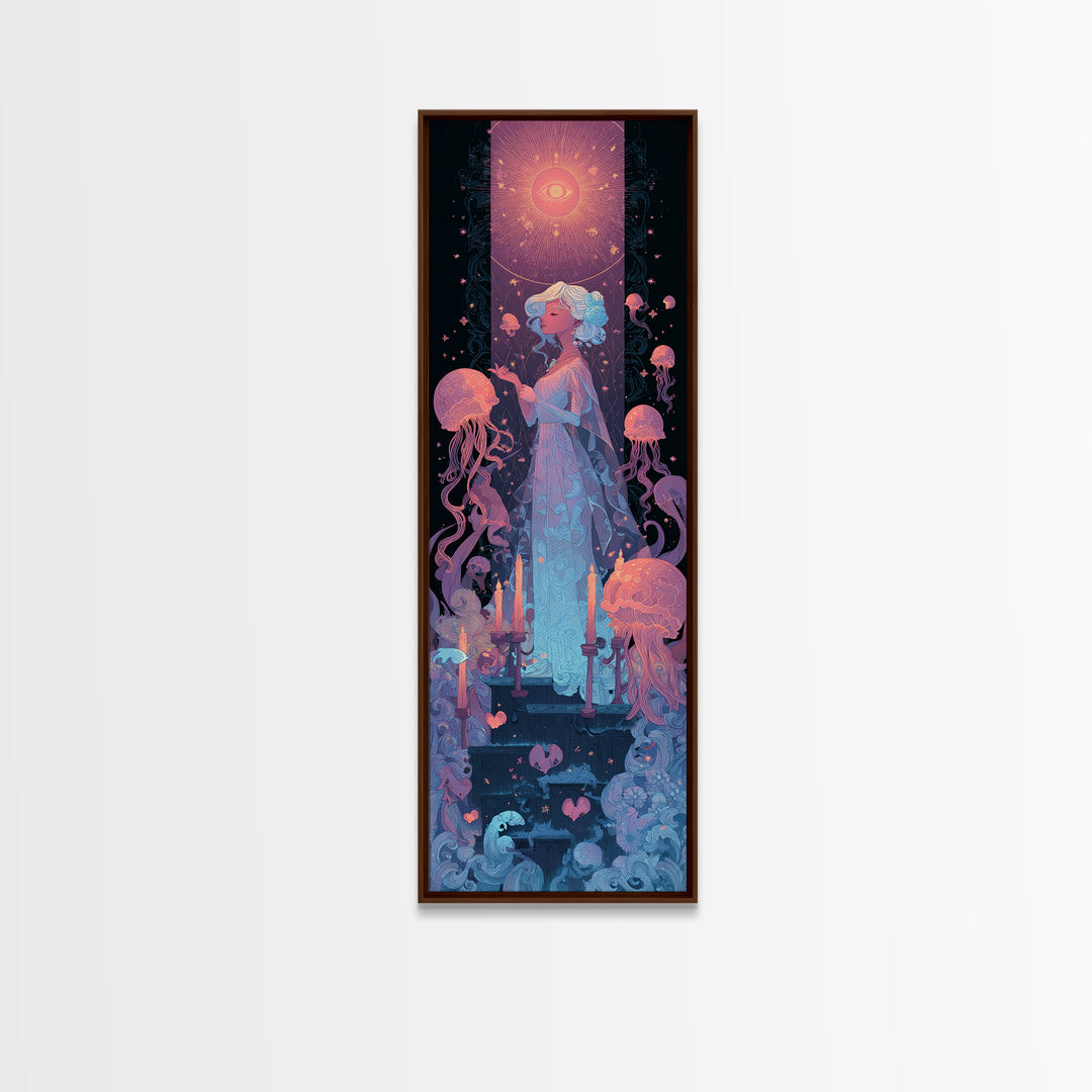 The Bride Of The Abyssal Moon, Cosmic Synthwave Horror, Tall Narrow Wall Art, Canvas Print, Retro Halloween Decor, Neon Wall Art