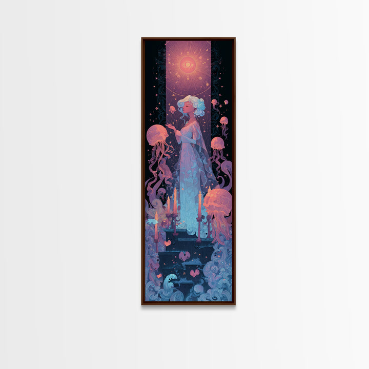 The Bride Of The Abyssal Moon, Cosmic Synthwave Horror, Tall Narrow Wall Art, Canvas Print, Retro Halloween Decor, Neon Wall Art