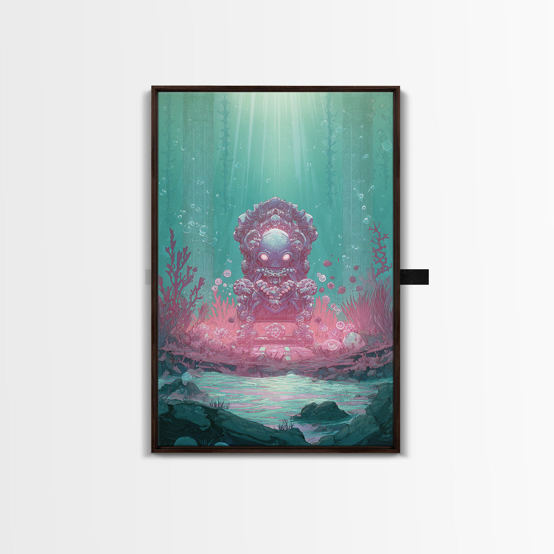The Watcher In The Coral Throne, Retro Neon Halloween Art, Vertical Wall Art, Canvas Print, Retro Halloween Decor, Neon Wall Art