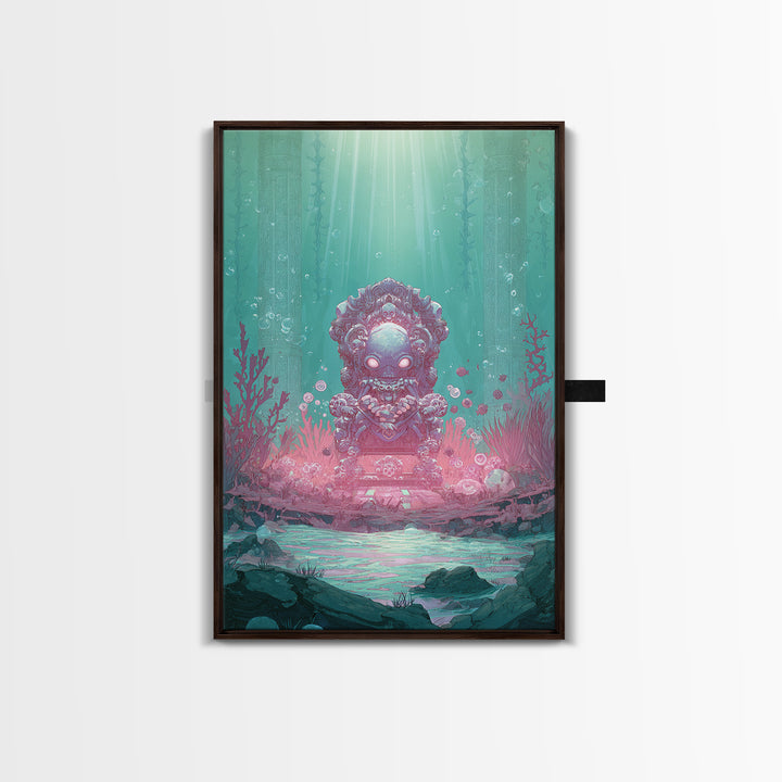 The Watcher In The Coral Throne, Retro Neon Halloween Art, Vertical Wall Art, Canvas Print, Retro Halloween Decor, Neon Wall Art