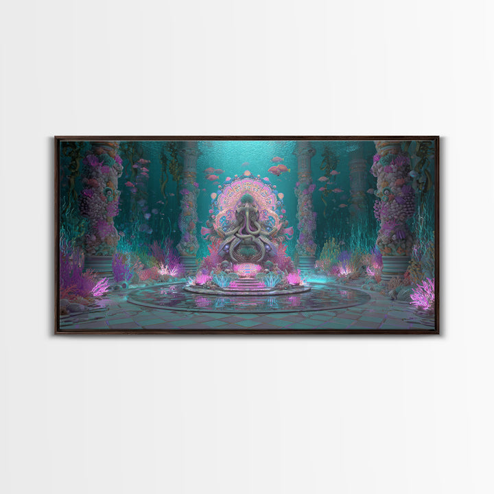 The Watcher In The Coral Throne, Vaporwave Halloween Decor, Wide Panoramic Art, Framed Canvas Print, Retro Halloween Decor, Neon Wall Art
