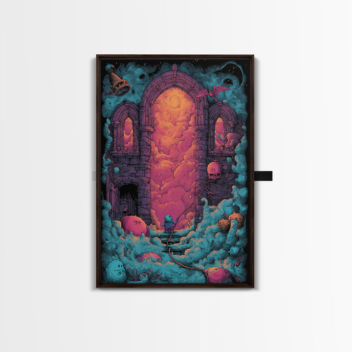 The Bellringer Of The Sunken Cathedral, Cute Eldritch Neon Art, Vertical Wall Art, Canvas Print, Retro Halloween Decor, Neon Wall Art