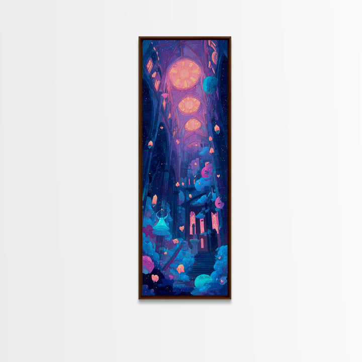 The Bellringer Of The Sunken Cathedral, Cute Spooky Neon Art, Tall Narrow Wall Art, Canvas Print, Retro Halloween Decor, Neon Wall Art