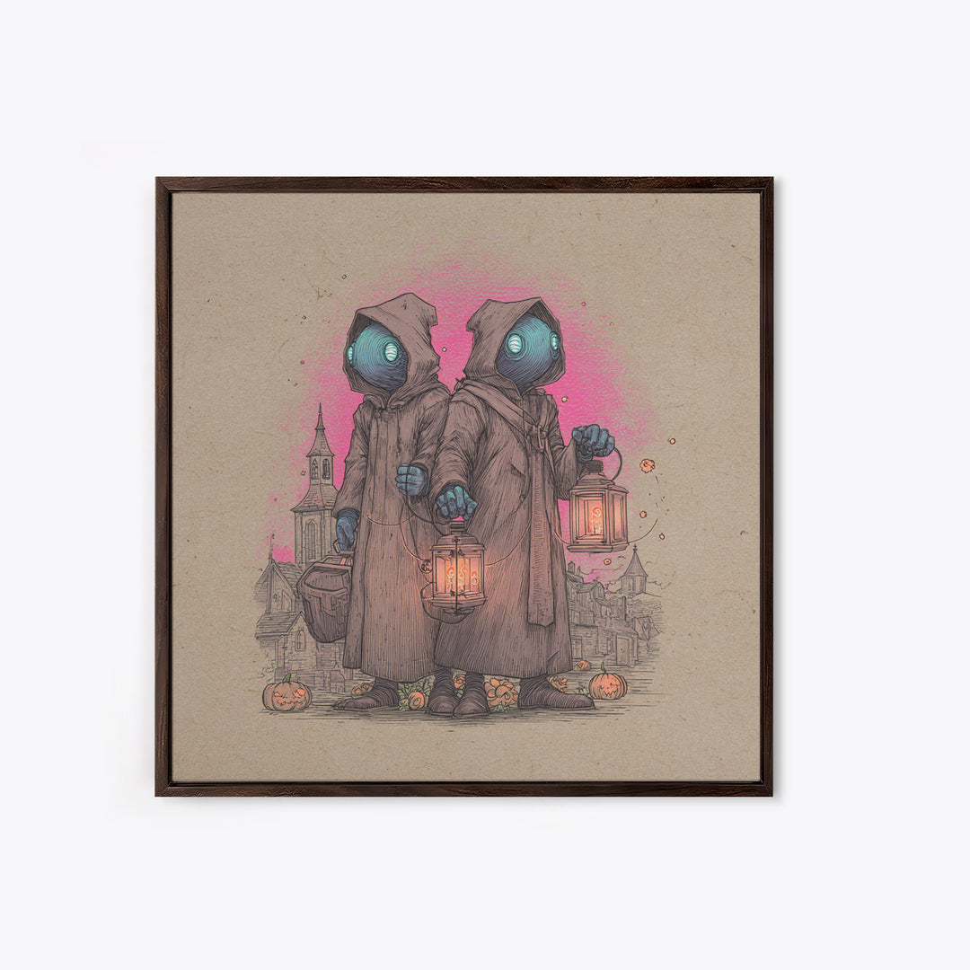 The Innsmouth Lantern Procession, 80s Halloween Wall Art, Square Wall Art, Canvas Print, Retro Halloween Decor, Neon Wall Art