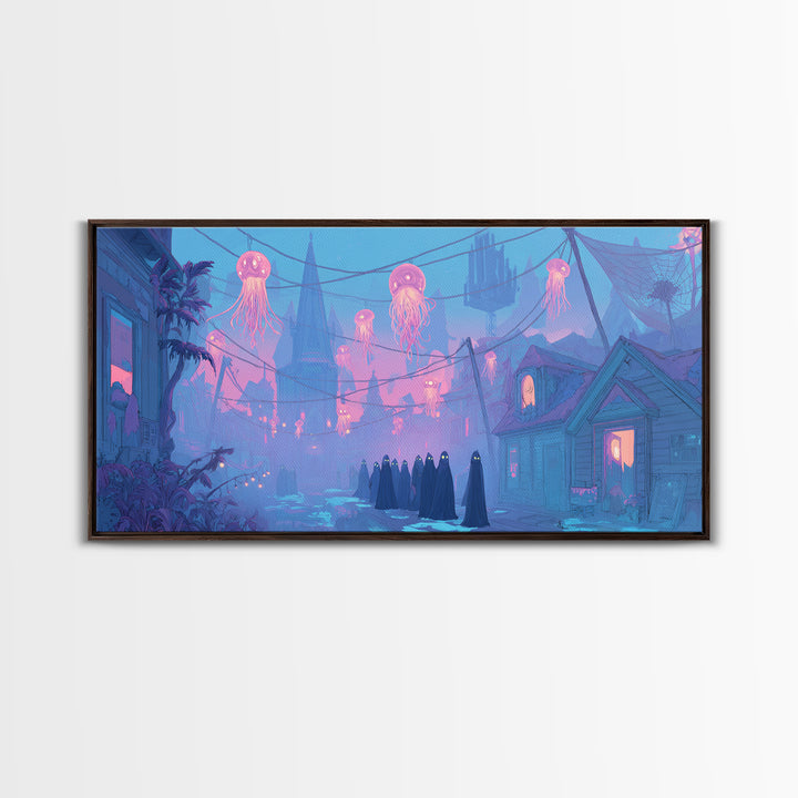 The Innsmouth Lantern Procession, Cute Eldritch Neon Art, Wide Panoramic Art, Framed Canvas Print, Retro Halloween Decor, Neon Wall Art