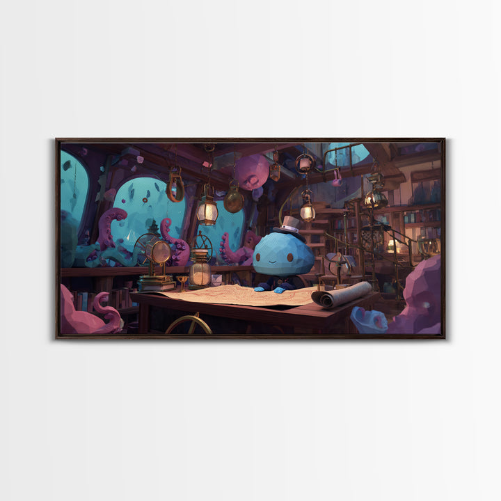 The Mapmaker Of Impossible Shores, Cosmic Synthwave Horror, Wide Panoramic Art, Framed Canvas Print, Retro Halloween Decor, Neon Wall Art