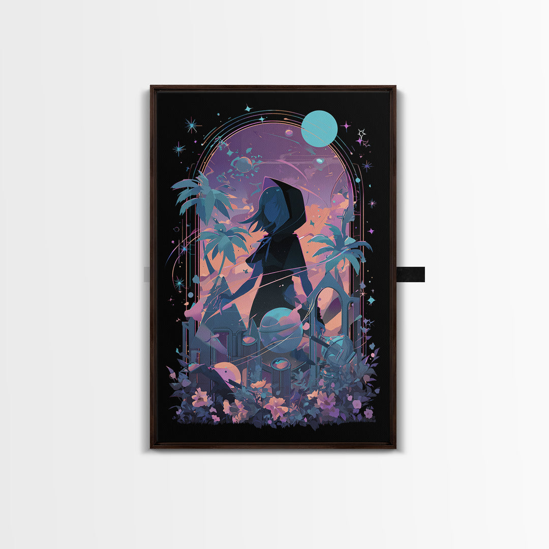 The Widow Of The Whispering Comet, Cosmic Synthwave Horror, Vertical Wall Art, Canvas Print, Retro Halloween Decor, Neon Wall Art