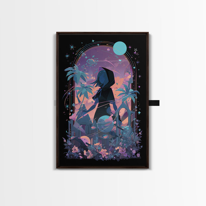 The Widow Of The Whispering Comet, Cosmic Synthwave Horror, Vertical Wall Art, Canvas Print, Retro Halloween Decor, Neon Wall Art