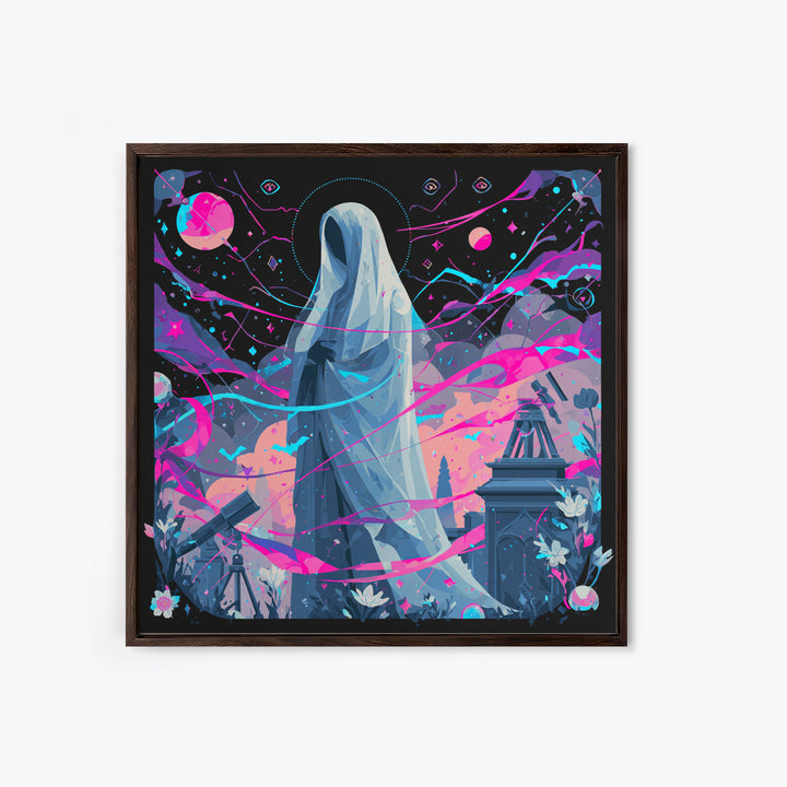 The Widow Of The Whispering Comet, Synthwave Halloween Art, Square Wall Art, Framed Canvas Print, Retro Halloween Decor, Neon Wall Art