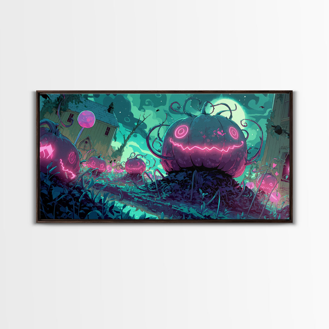 The Harvest Of The Eldritch Field, 80s Halloween Wall Art, Wide Panoramic Art, Canvas Print, Retro Halloween Decor, Neon Wall Art