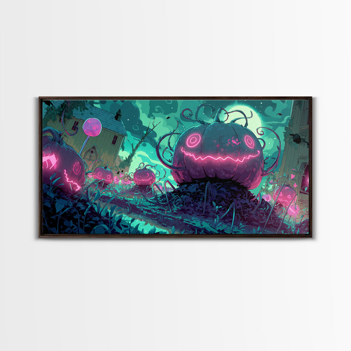The Harvest Of The Eldritch Field, 80s Halloween Wall Art, Wide Panoramic Art, Canvas Print, Retro Halloween Decor, Neon Wall Art