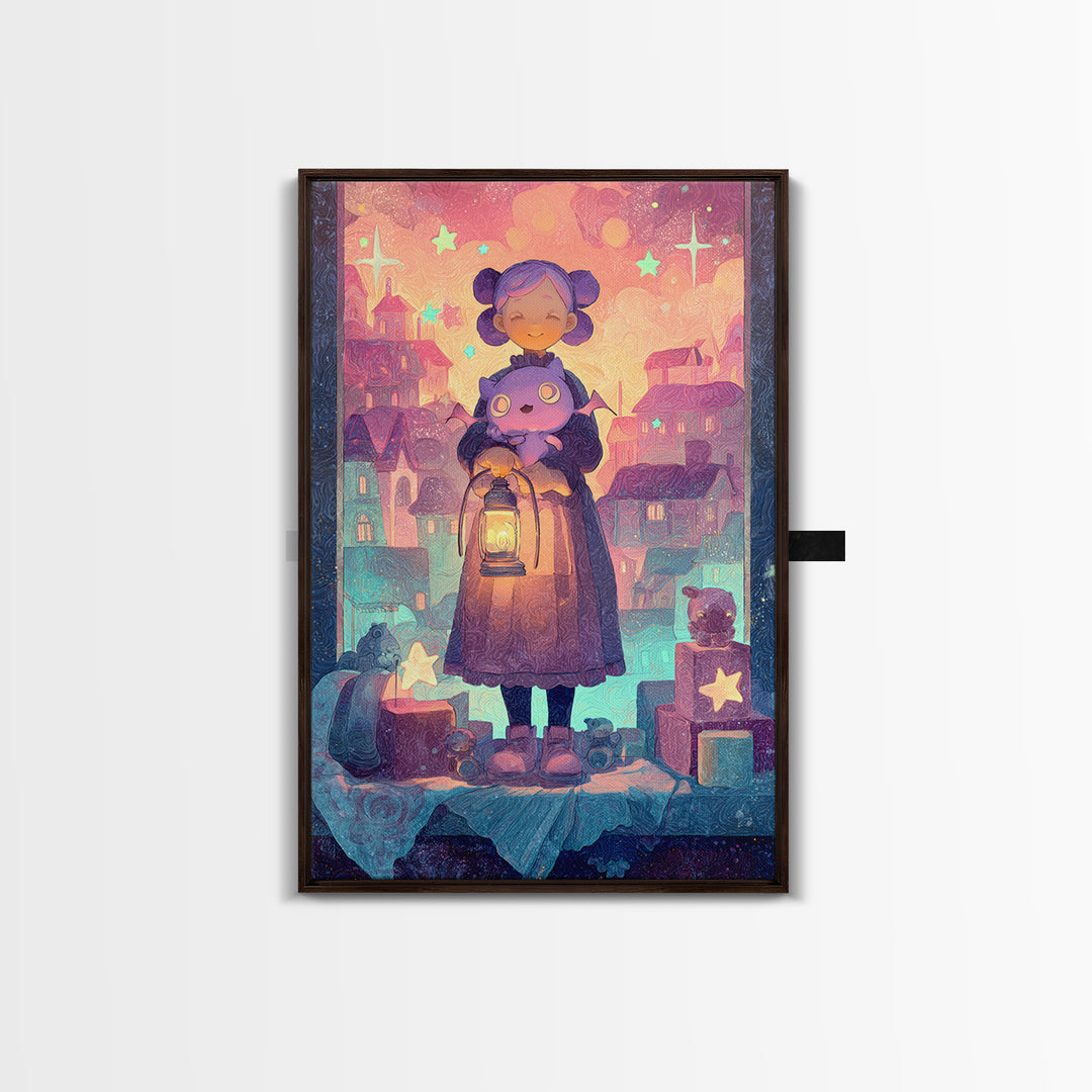 The Child Who Caught A Moon-Spawn, Vaporwave Halloween Decor, Vertical Wall Art, Framed Canvas Print, Retro Halloween Decor, Neon Wall Art