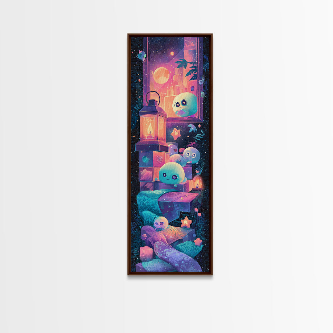 The Child Who Caught A Moon-Spawn, Synthwave Halloween Art, Tall Narrow Wall Art, Canvas Print, Retro Halloween Decor, Neon Wall Art