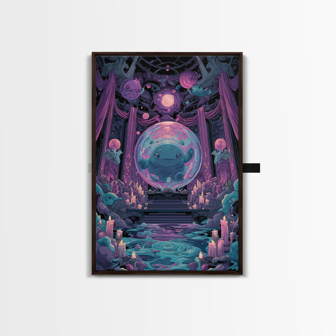 The Oracle Of The Glass Depths, Cute Eldritch Neon Art, Vertical Wall Art, Canvas Print, Retro Halloween Decor, Neon Wall Art