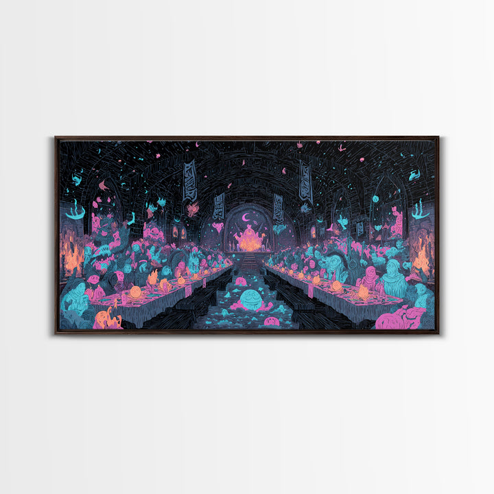 The Feast Of The Pale Cult, Synthwave Halloween Art, Wide Panoramic Art, Canvas Print, Retro Halloween Decor, Neon Wall Art