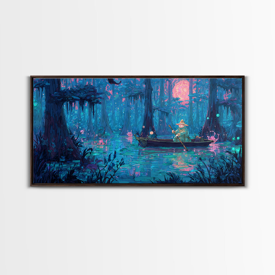 The Ferryman Of The Outer Marsh, 80s Halloween Wall Art, Wide Panoramic Art, Canvas Print, Retro Halloween Decor, Neon Wall Art