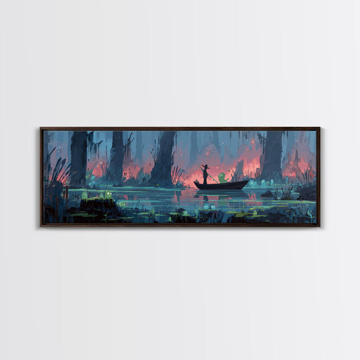 The Ferryman Of The Outer Marsh, Synthwave Halloween Art, Extra Wide Wall Art, Canvas Print, Retro Halloween Decor, Neon Wall Art