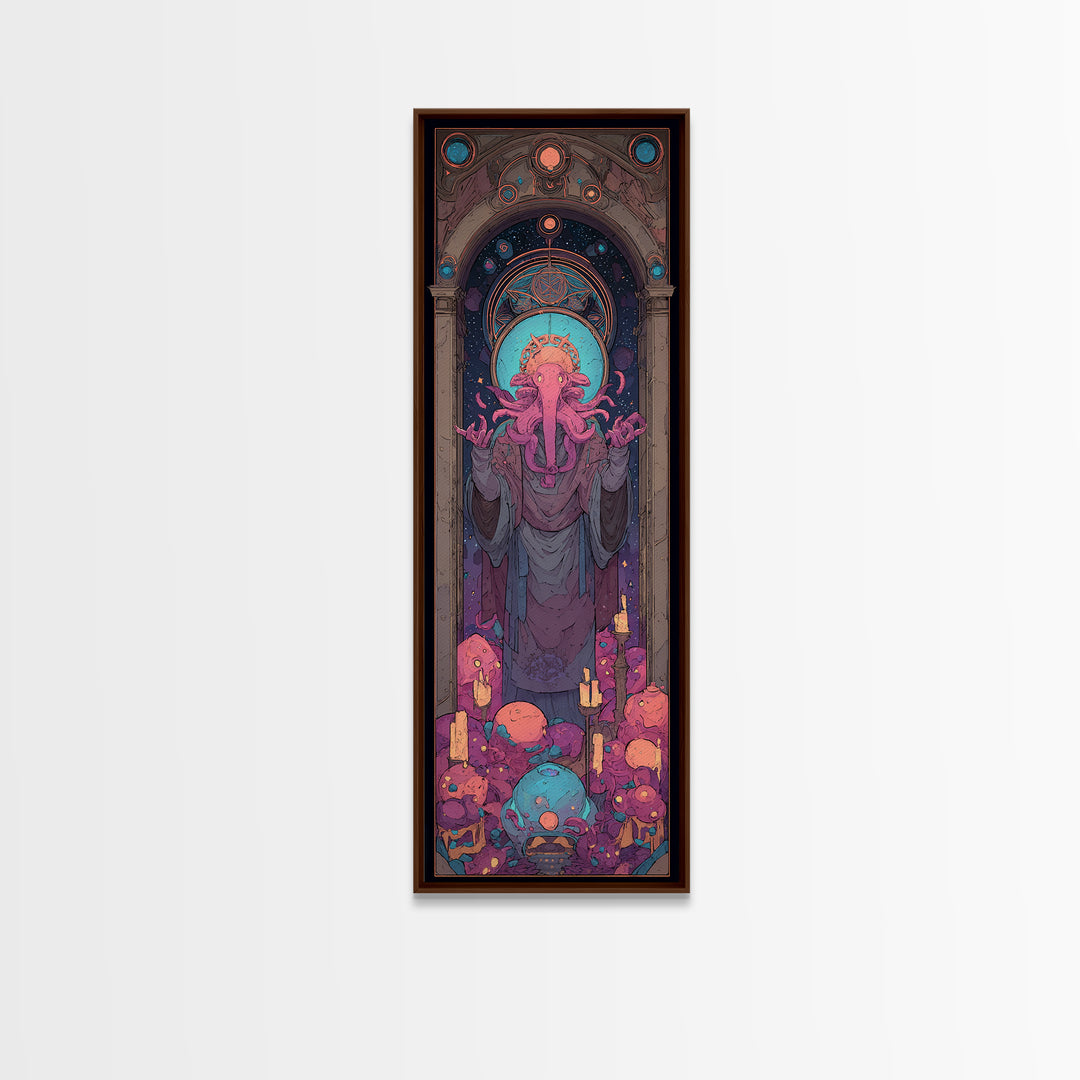 The Crown Of The Tentacled Saint, Cute Eldritch Neon Art, Tall Narrow Wall Art, Framed Canvas Print, Retro Halloween Decor, Neon Wall Art