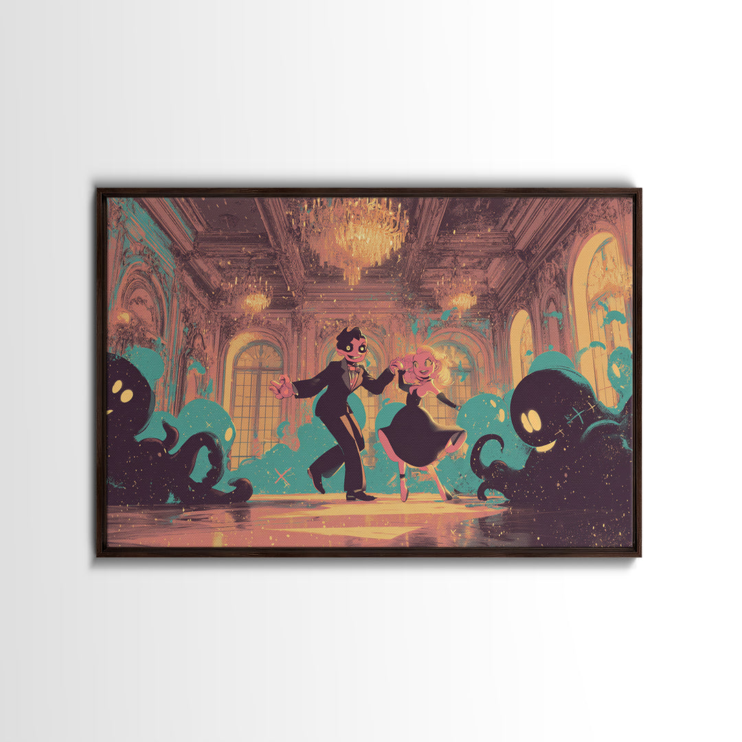 The Ballroom Of Silent Shoggoths, Synthwave Halloween Art, Landscape Wall Art, Canvas Print, Retro Halloween Decor, Neon Wall Art