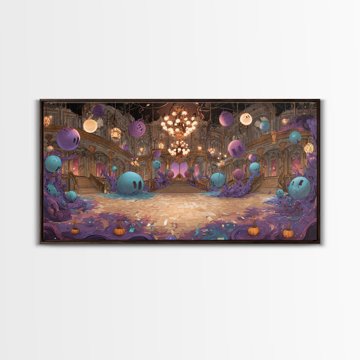The Ballroom Of Silent Shoggoths, Cute Eldritch Neon Art, Wide Panoramic Art, Framed Canvas Print, Retro Halloween Decor, Neon Wall Art