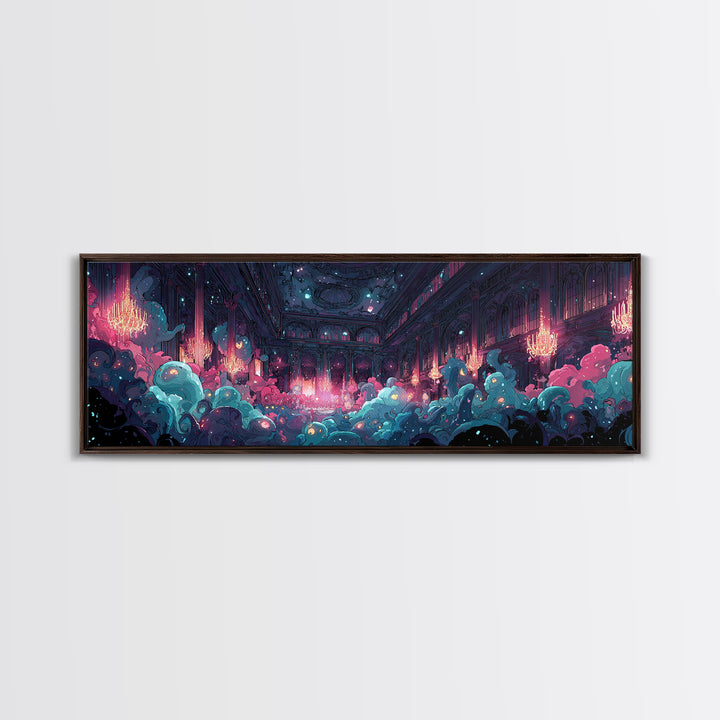 The Ballroom Of Silent Shoggoths, Cute Spooky Neon Art, Extra Wide Wall Art, Canvas Print, Retro Halloween Decor, Neon Wall Art