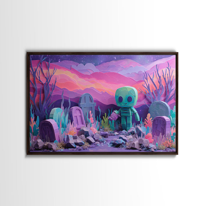 The Grave Gardener Of Yuggoth, Cosmic Synthwave Horror, Landscape Wall Art, Canvas Print, Retro Halloween Decor, Neon Wall Art