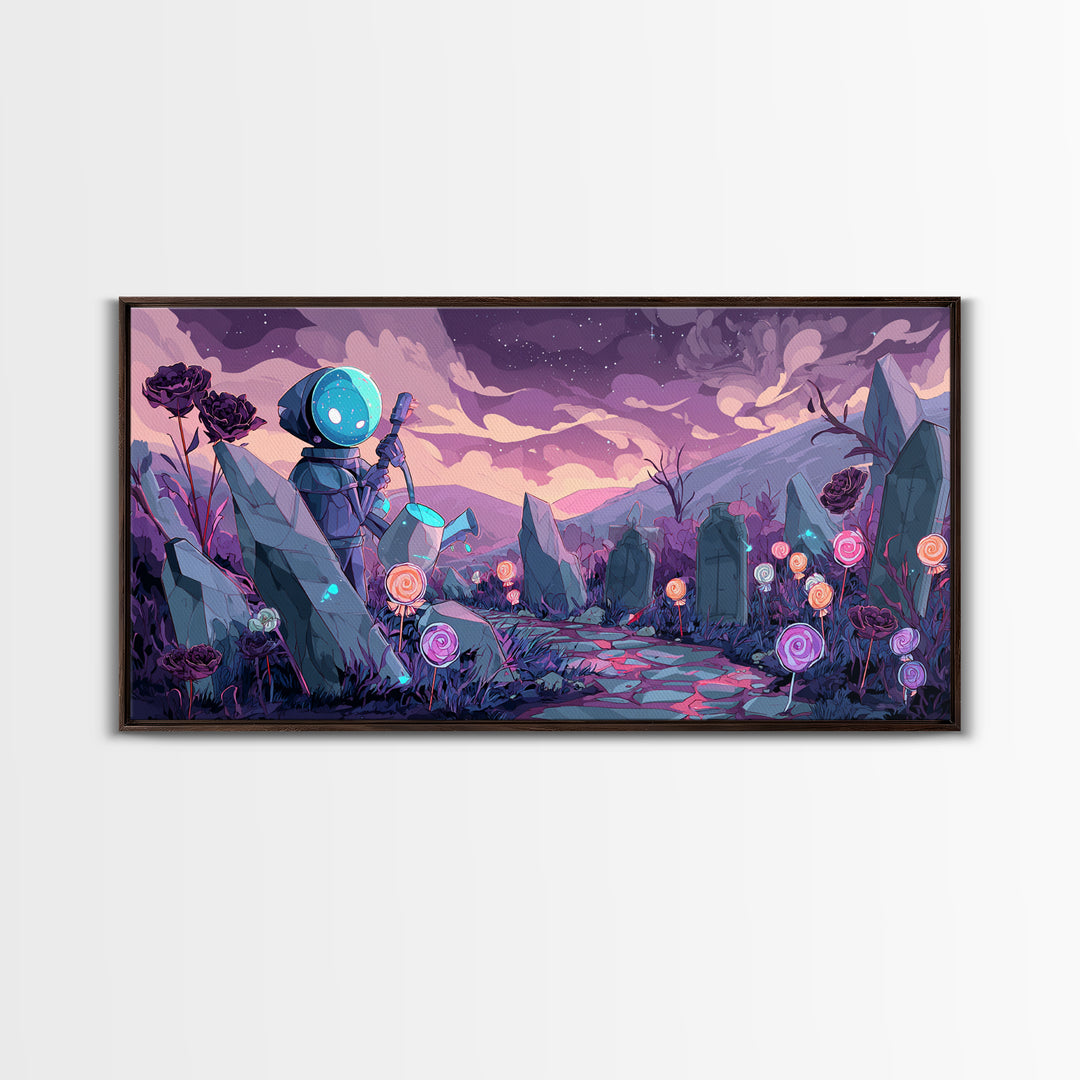 The Grave Gardener Of Yuggoth, Retro Neon Halloween Art, Wide Panoramic Art, Framed Canvas Print, Retro Halloween Decor, Neon Wall Art