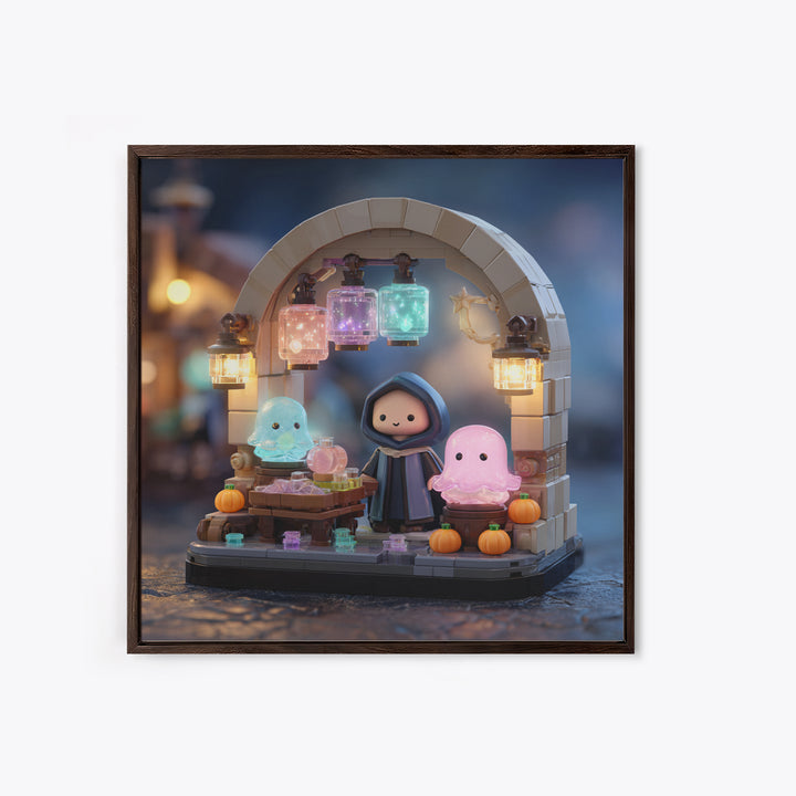 The Lantern Market Beyond The Veil, Retro Neon Halloween Art, Square Wall Art, Canvas Print, Retro Halloween Decor, Neon Wall Art